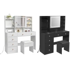 47" Vanity Makeup Table Set LED Mirror Dressing w/ Glass Top 5 Drawer Dresser