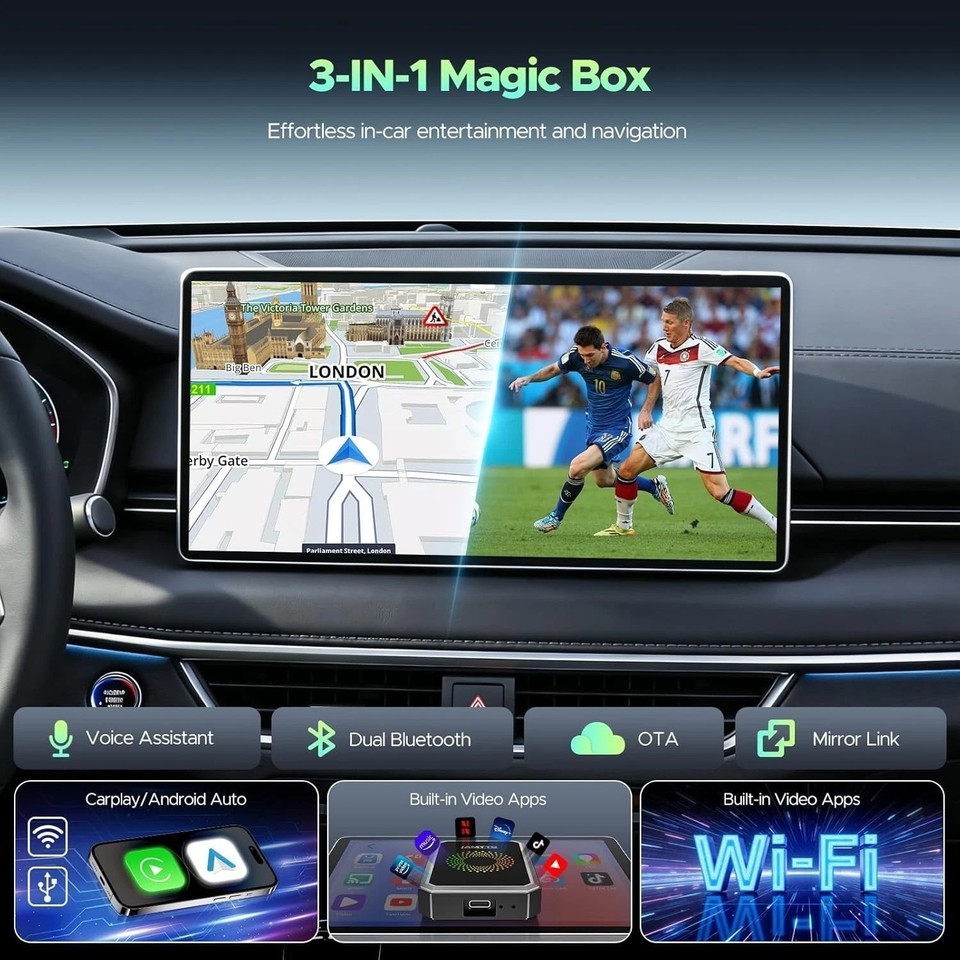 3 IN 1 Wireless CarPlay Android Auto Adapter AI Box for Car w/ Netflix ...