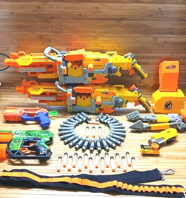 Lot of 2 Nerf Vulcan EBF 25 Full Loadout Tripod Ammo Box Belt Scope + Extra Guns