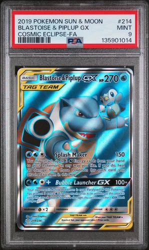PSA 9 Blastoise & Piplup GX #214 2019 Pokemon Sun & Moon Cosmic Eclipse