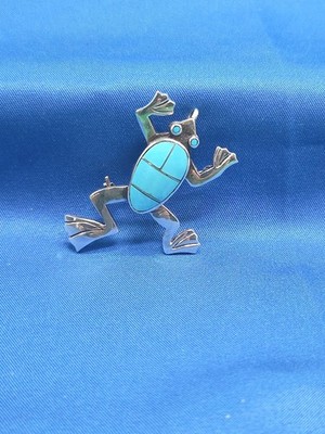 Native Frog Pin Signed L.A. Unique Design Sterling Silver Turquoise Custom Y