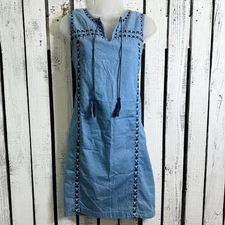 Old Navy Blue Chambray Dress Size Large Embroidered Tassels V-Neck Boo Western