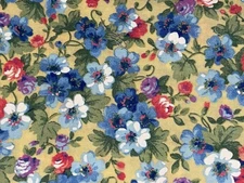 By 1/2 Yd Joan Kessler Concord Vintage Blue Pink Floral on Yellow Cotton Fabric