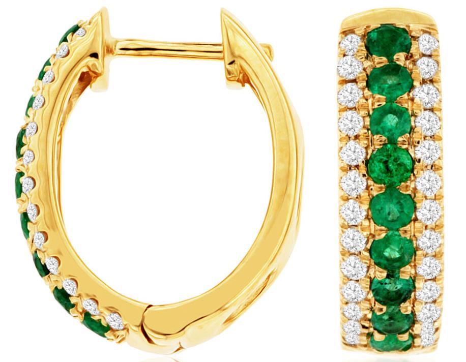 FILA ORECCHINI A CERCHIO HUGGIE 3 FILE ORO GIALLO 14KT DIAMANTI E SMERALDO AAA .72CT