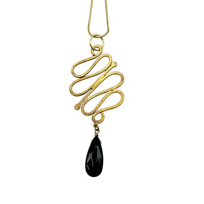 Gold Tone Free Form Pendant Necklace with Black Glass Drop Teardrop Shape