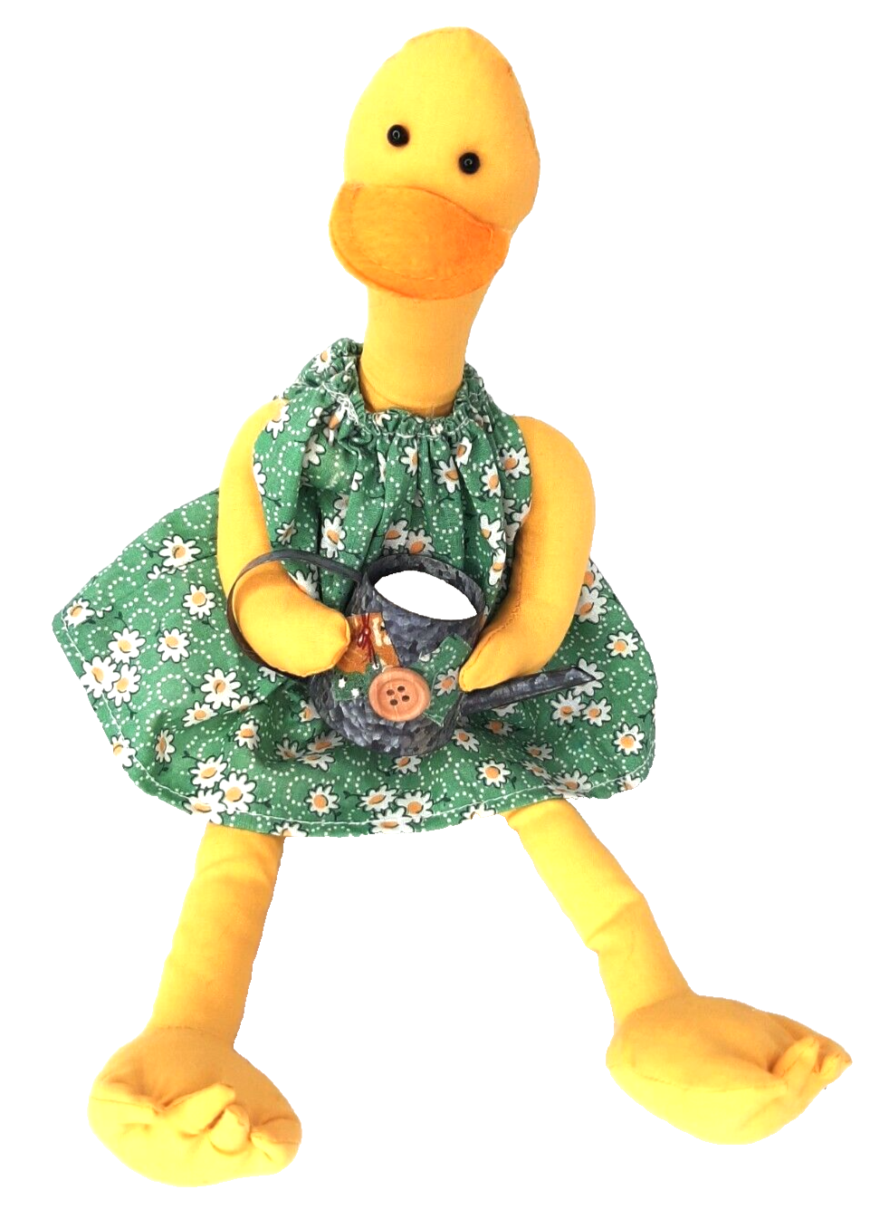 Vintage Yellow Duck Plush Stuffed Animal w/ Green Daisy Dress & Watering Can