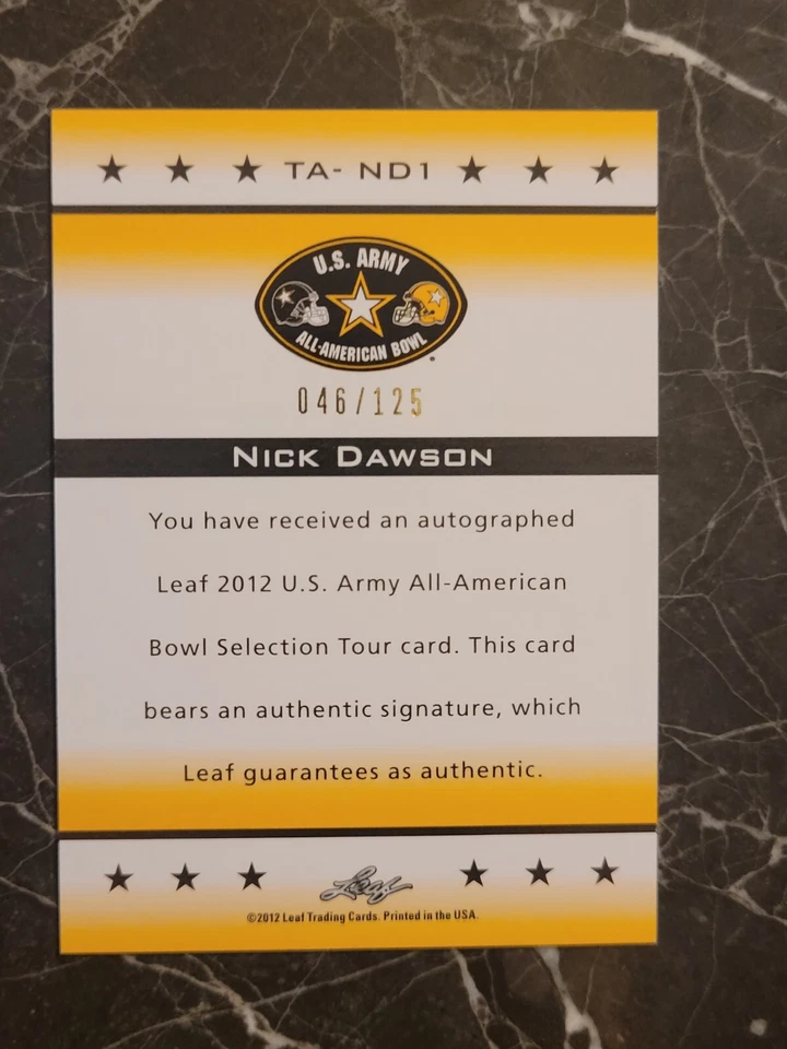 2012 Leaf #TA-ND1 Nick Dawson RC /125 AUTOGRAPH ARMY ALL-AMERICAN BOWL - Image 2 of 2