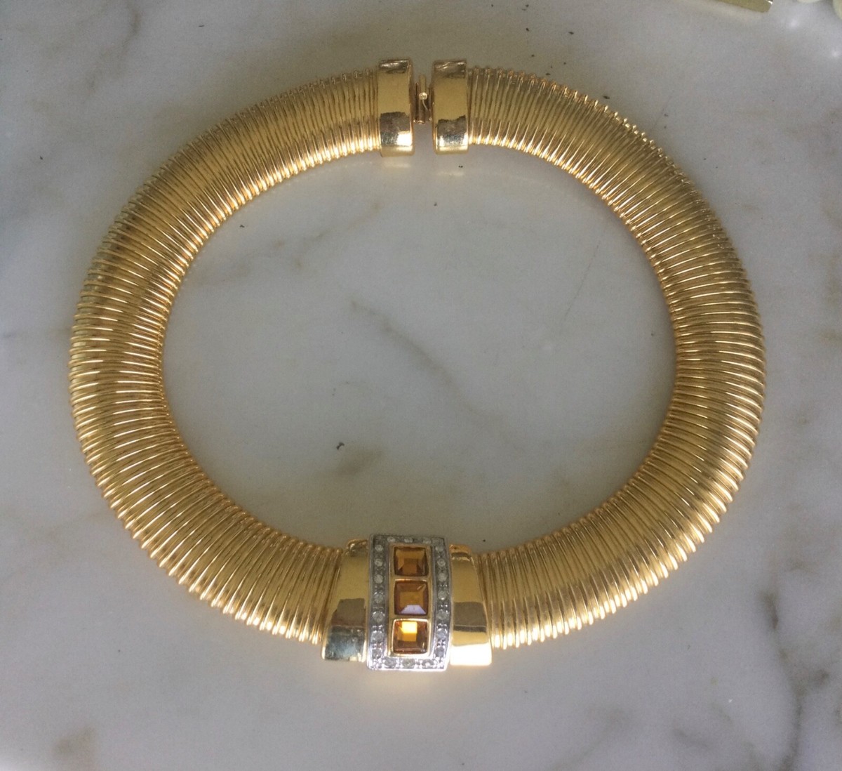 WIDE ART DECO TUBOGAS w/CRYSTALS Gold Metal Collar Choker
