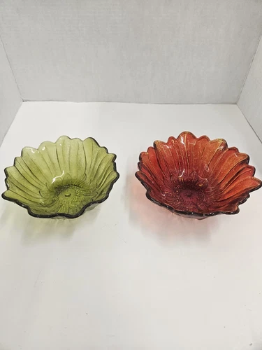2 Vintage Sunflower Bowls Indiana Glass Green/Red Depression Candy Dishes 3"Tall