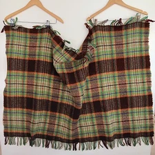 John Hanly Irish Lap Blanket Large Scarf Brown Orange Red Blue Green Plaid 35x57