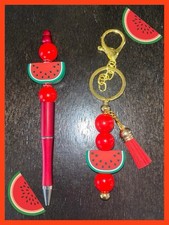 Watermelon Beaded Pen and Keychain Set - Handmade - NEW