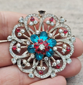 Authentic 1940s CORO Gold Plated Sterling Brooch - Clear, Red, & Aqua Rhinestones - 1&7/8"