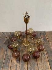 Sputnik style, brass and glass chandelier, multicoloured globes.