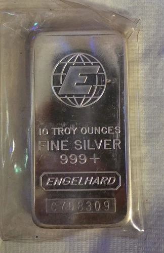 1970s Engelhard 10 Troy Oz .999 Fine Silver Bar VINTAGE - Unique Serial #C370599