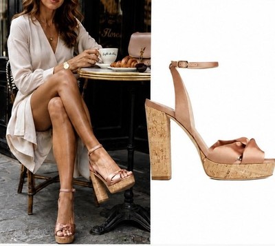 L.K.Bennett 425 $ ''Anabelle'' Kork Gold Plateau Rose Satin Sandale Gr. 7 Neu