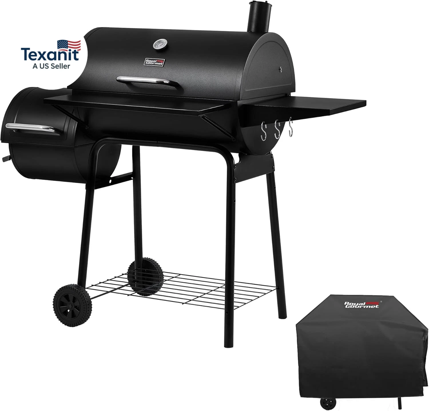 CC1830SC Charcoal Grill Offset Smoker with Cover, 823 Square Inches, Black, Perf