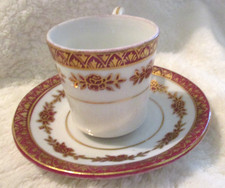 Vintage Miniature Teacup  Saucer Set Intricate Gold Trim  Burgundy Floral