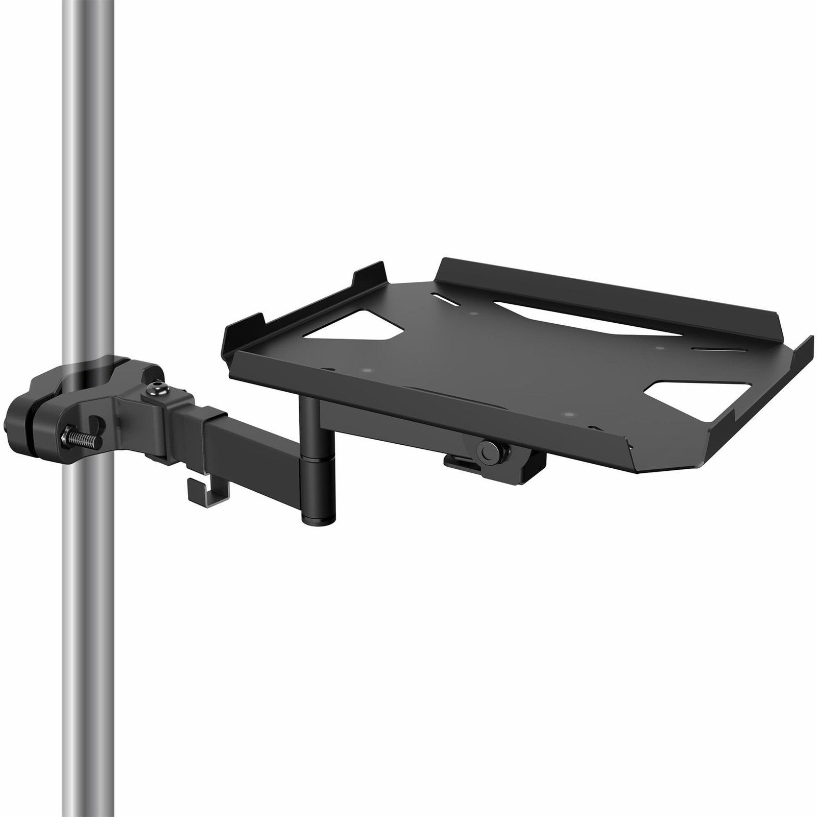 Black Universal Steel Pole Mounted 9x7 Inch Storage Shelf Articulating Arm