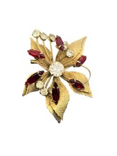 Red  clear rhinestone gold tone flower brooch pin w rivets vintage
