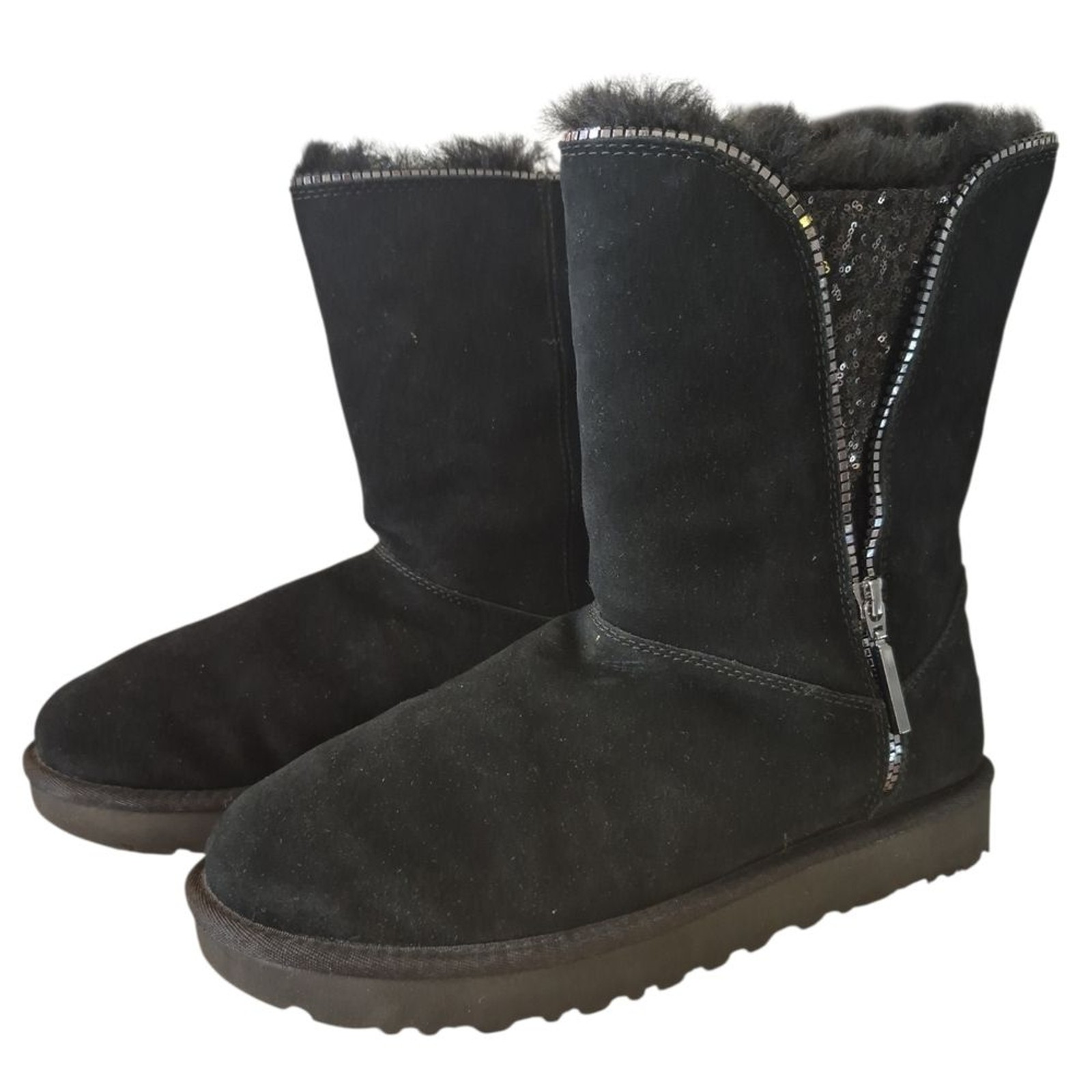 Botines UGG Negro Clásico Lentejuelas Cremallera Talla 9