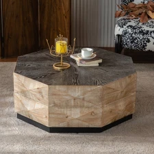 Octagon Coffee Table: 38" Retro Wood Embossed Rustic Living Room