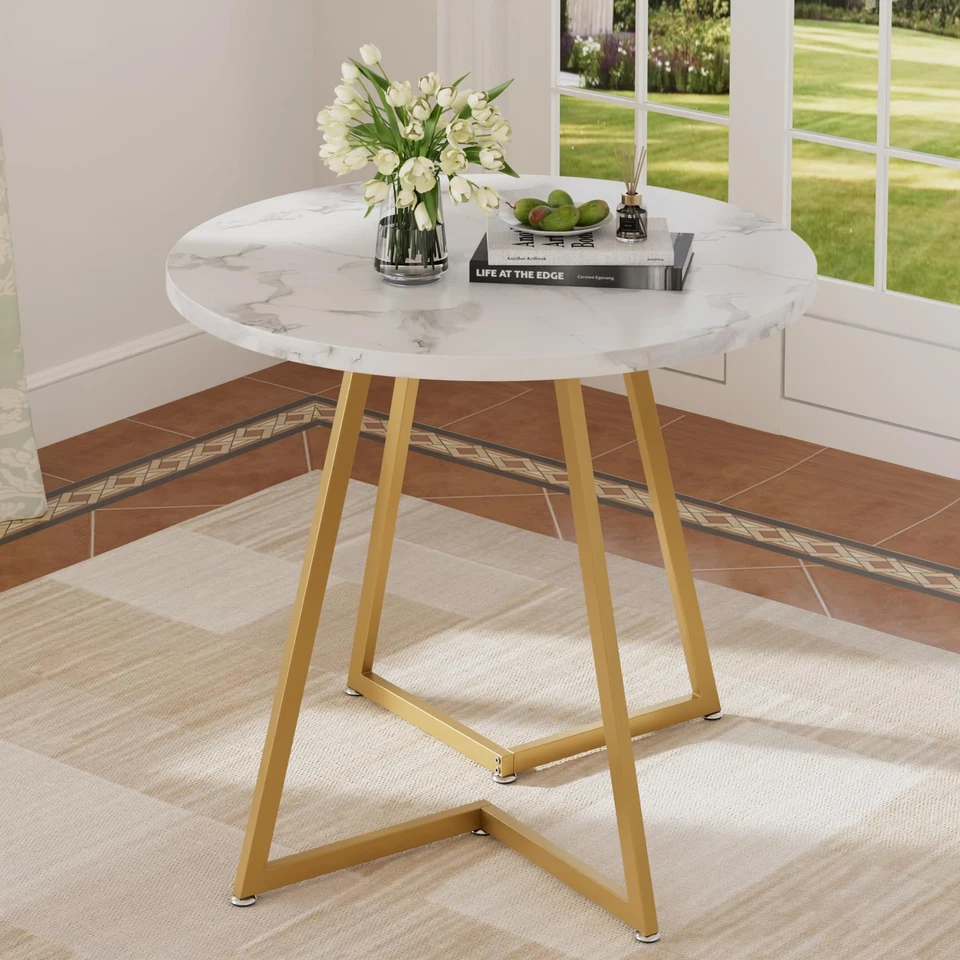 Round Dining Room Table with Wood Grain Tabletop and Steel Frame, for Kitchen... - Image 4 of 4