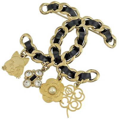 CHANEL (Interlocking) CC logo  Brooch camellia clover Brooch Gold Plated Gol...