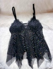 Vintage Victoria's Secret Y2K 05' Black Sparkly Baby Doll Lingerie Mesh Teddy