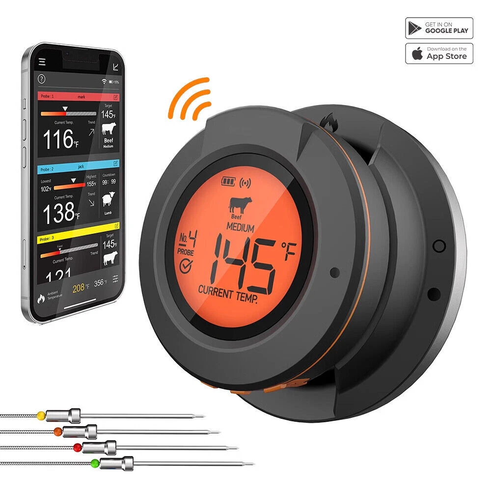 Meat Thermometer Cooking BBQ Oven Rotisserie Smoker Bluetooth Remote Monitor