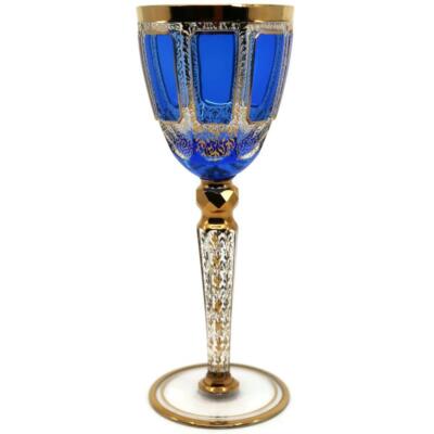 Antique Bohemian Moser Cobalt Blue CABOCHON Wine Glass, 7 7/8'', Gold Trim