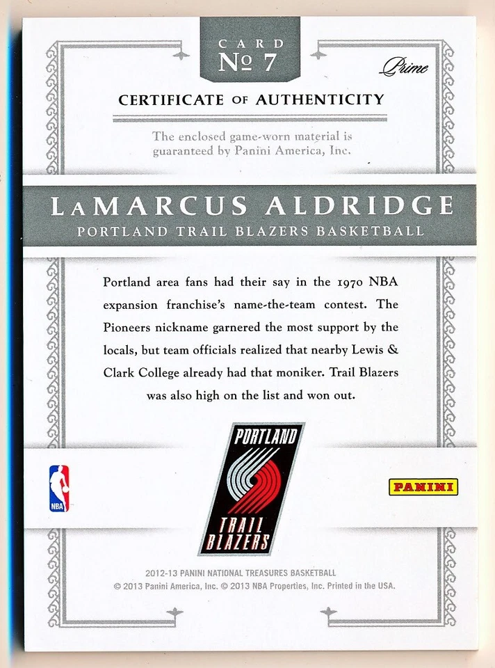 2012-13 National Treasures LaMarcus Aldridge Timeline Patch #7 (09/25) - Image 2 of 2