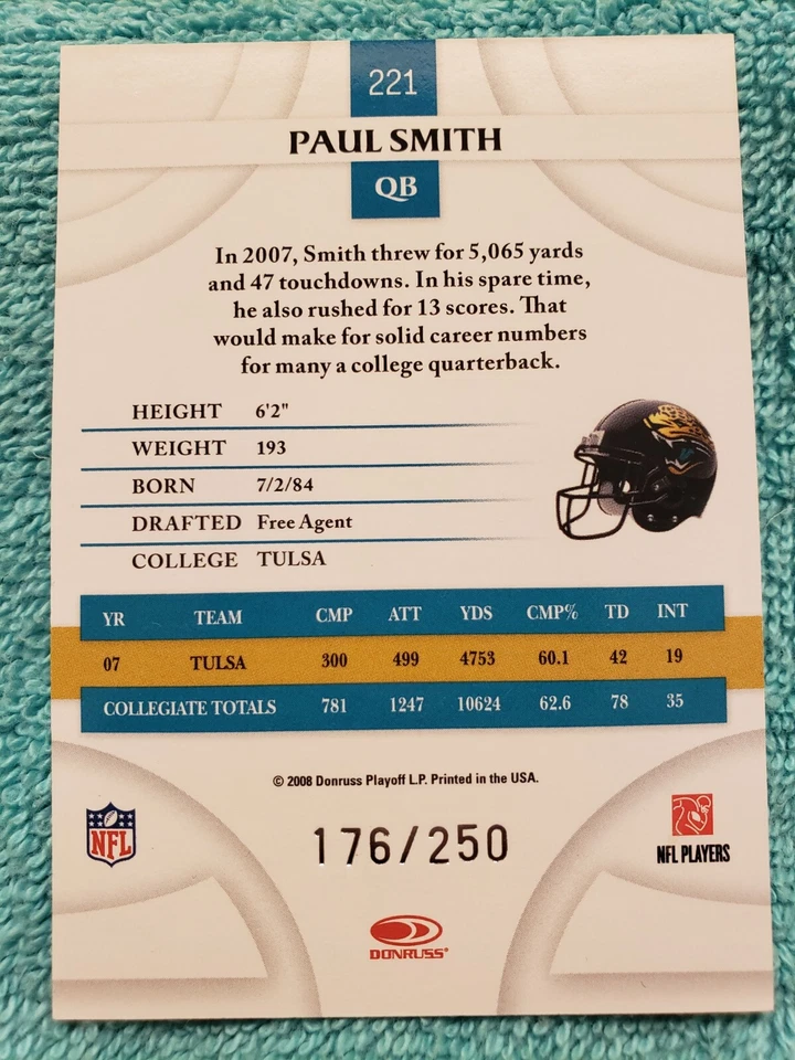 2008 DONRUSS THREADS PAUL SMITH ROOKIE 176/250 JACKSONVILLE JAGUARS RC #221 - Image 3 of 4