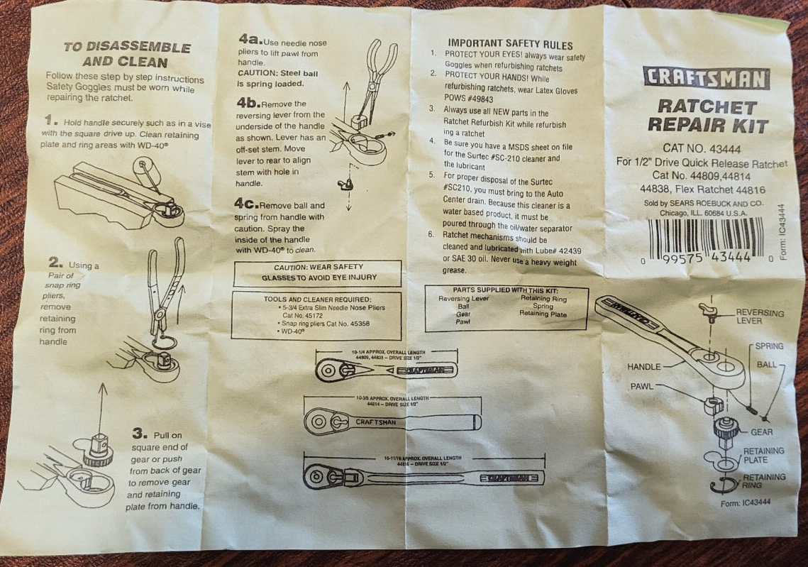 Craftsman Ratchet Repair Kit 43444 1/2" Drive Quick Release 44809 44814