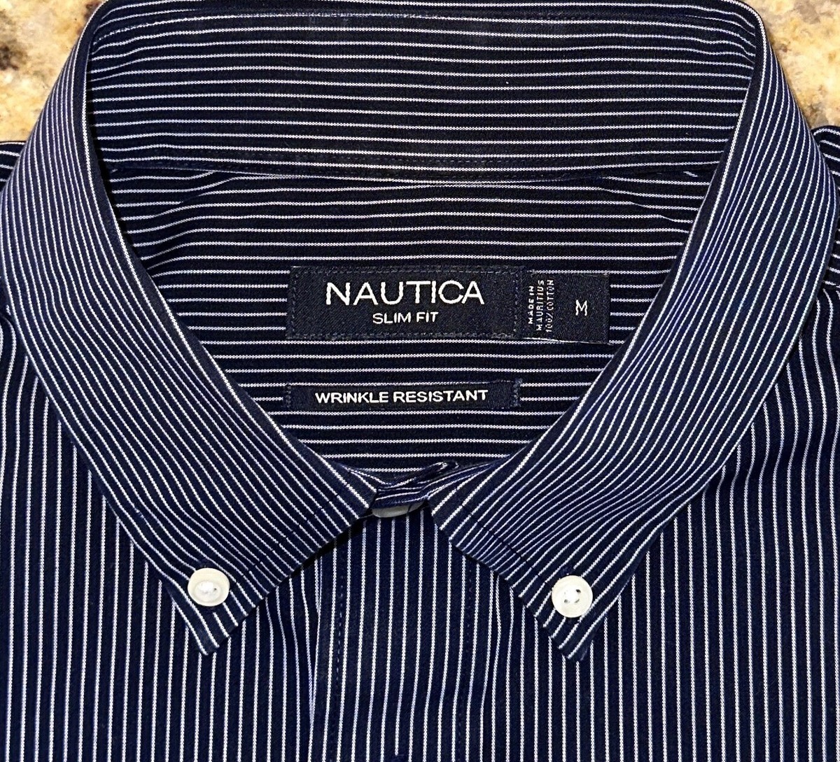 NAUTICA Mens Navy Striped Slim Fit Wrinkle Resistant Long Sleeve Shirt  Size M