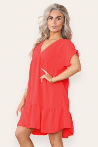 Women's V-Neck Frill Layered Pleated Summer Beach Smock Swing Mini Dress Top - Picture 30 of 35