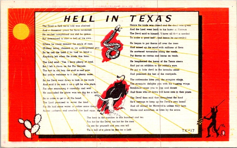 Postcard Song Poem How the Devil Made Texas TX His Own Private 