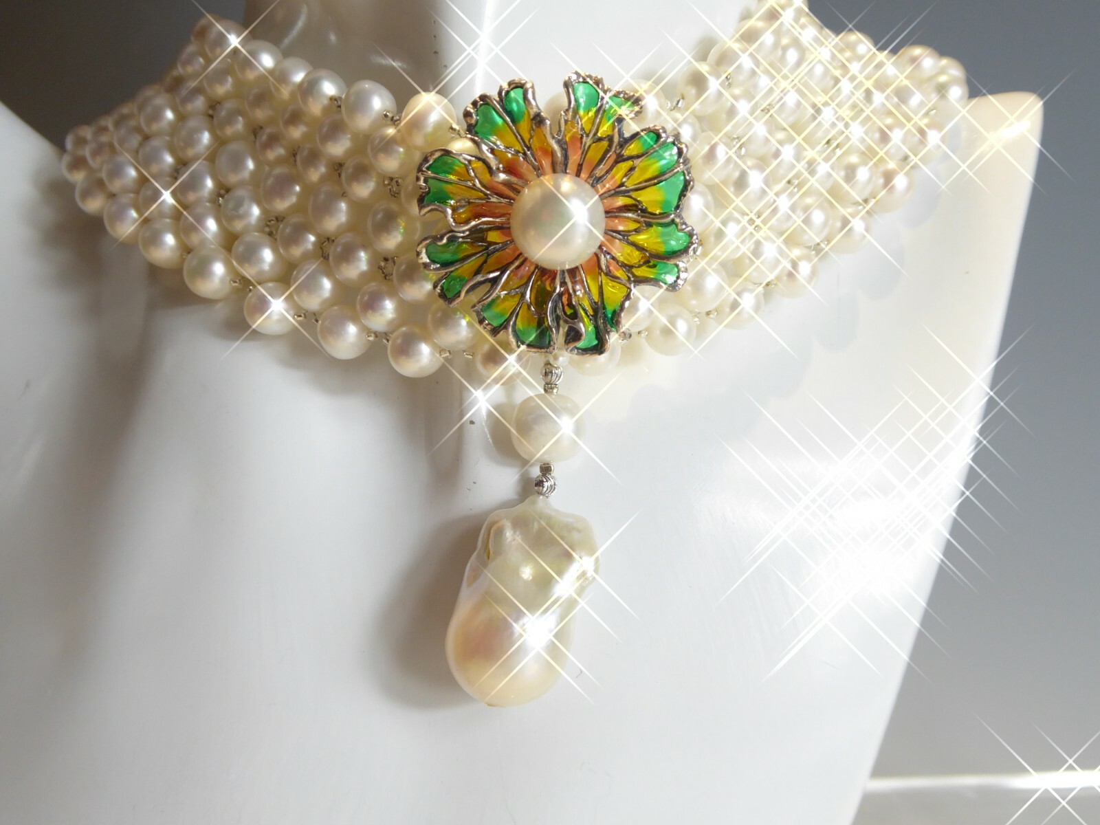 FINE SOLID SILVER REAL PEARL COLLAR NECKLACE - image 2