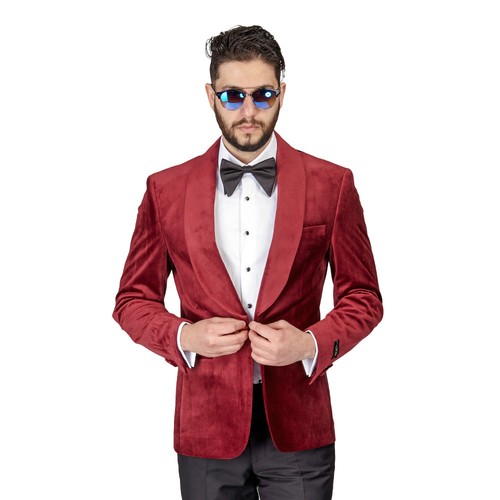  Herren Burgunder Samt Smoking Blazer Jacke Schalkragen Revers 1 Knopf Slim Fit AZAR MAN - Bild 5 von 6