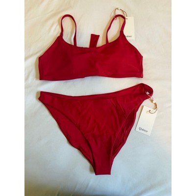 Quince Cherry Red Two Piece Set Scoop Neck Top & Low Leg Bikini Bottom Large NEW
