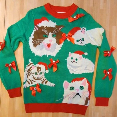 Tipsy Elves Sweater Mens Small Green Christmas Cat Santa Bows Bells Ugly Party