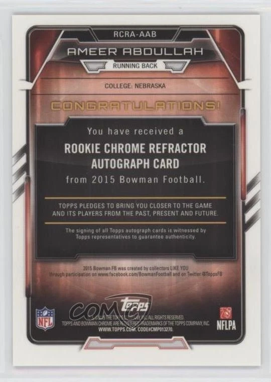 2015 Bowman Chrome Rookie Gold Refractor /75 Ameer Abdullah #RCRA-AAB Auto RC - Image 2 of 2