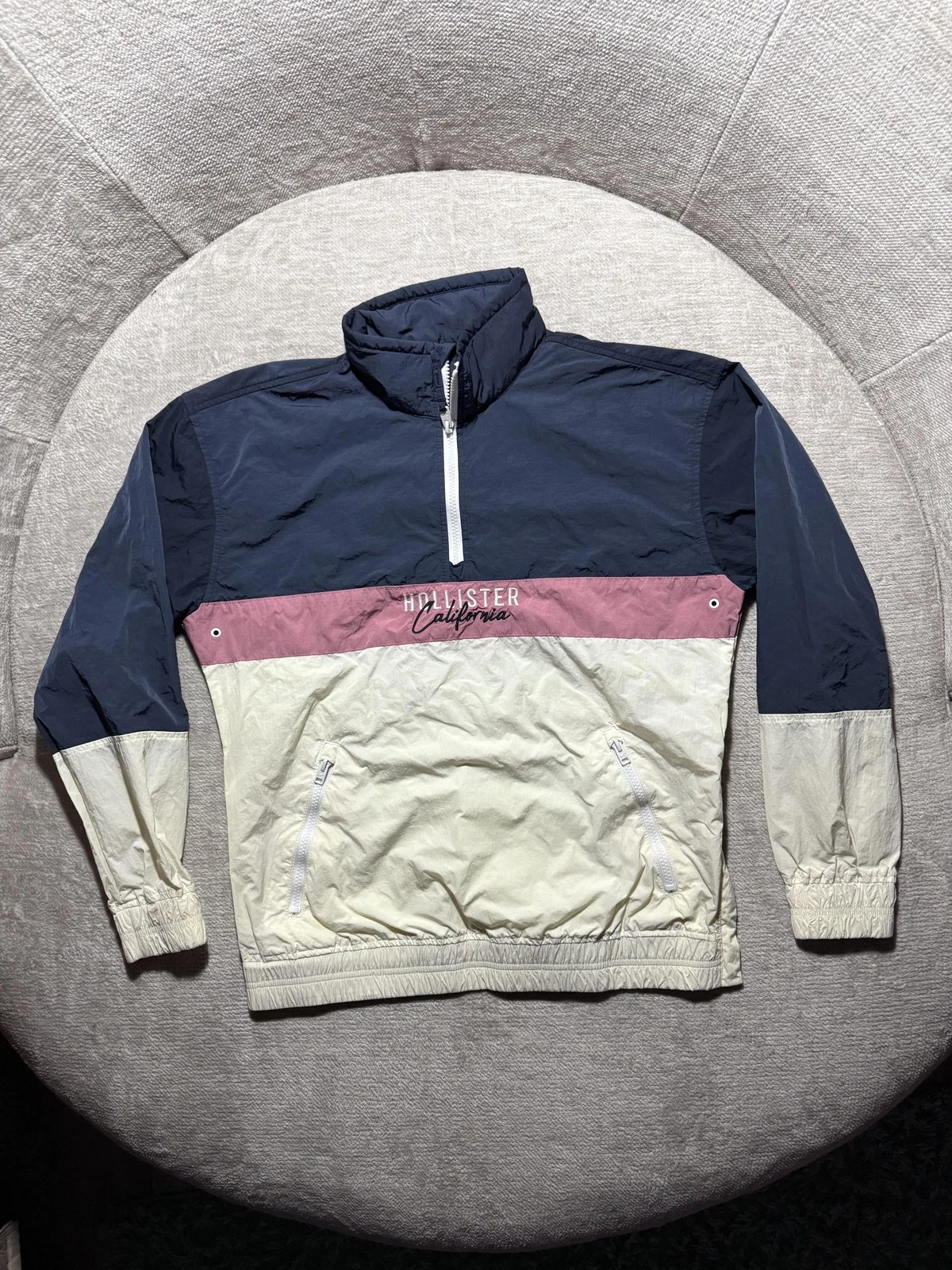 Hollister Jacket Mens Small Navy Pink White Colorblock Half Zip Windbreaker
