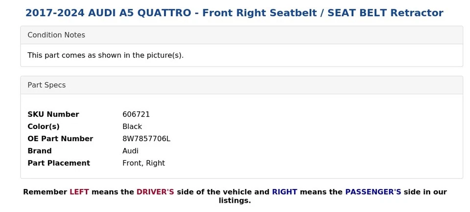 AUDI A5 QUATTRO 2017-2024 - Cinturón de seguridad delantero derecho/retractor cinturón de seguridad Foto 4 de 4