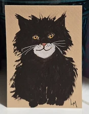 ACEO Original Art Painting Handmade Black Cat Kitten on Pastel Paper OOAK ATC 