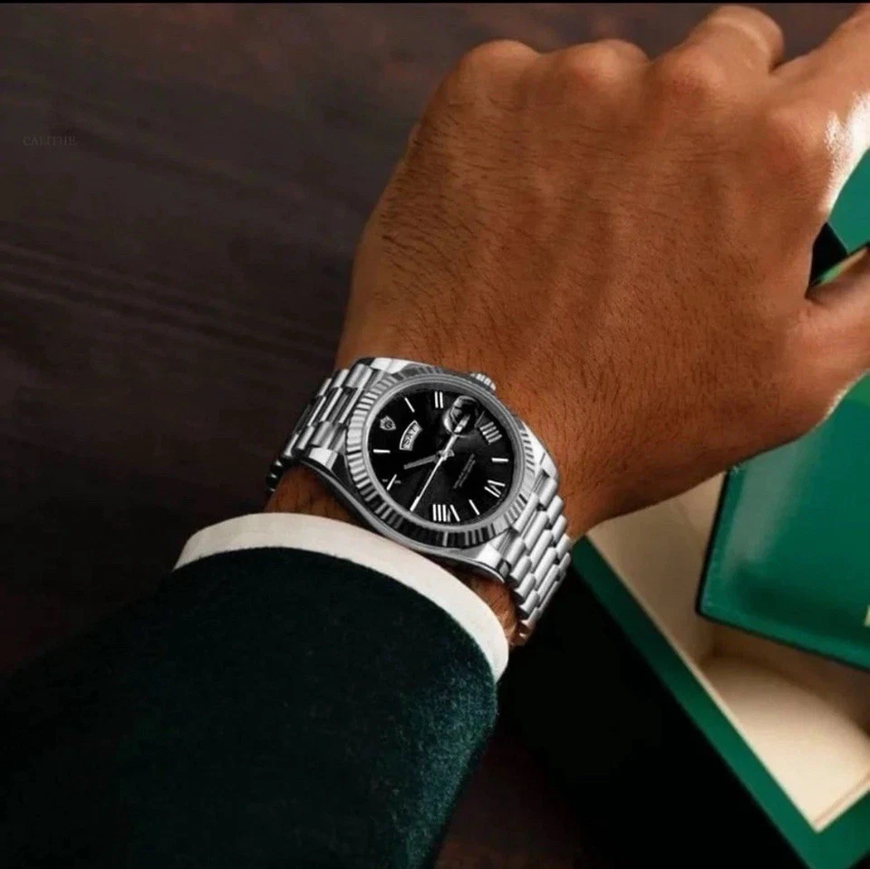 经典日期总统风格手表 – 黑色表盘 | 银色 — 第 2/4 张图片