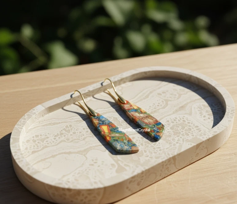 Rainbow Imperial Jasper Earrings Teardrop Dangle Healing Chakra Women Jewelry - Image 2 of 4