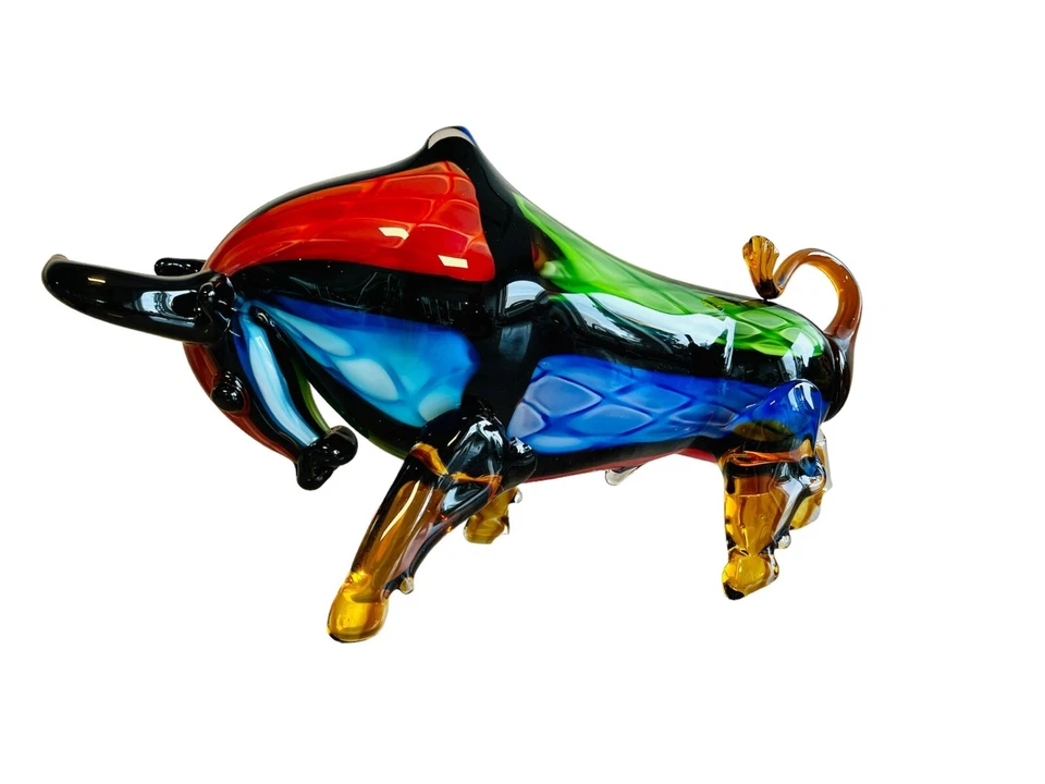 UNA FIGURA DE CRISTAL ESTILO MURANO MUY GRANDE DE TORO DE CARGA MULTICOLOR COLOR nueva Foto 4 de 4