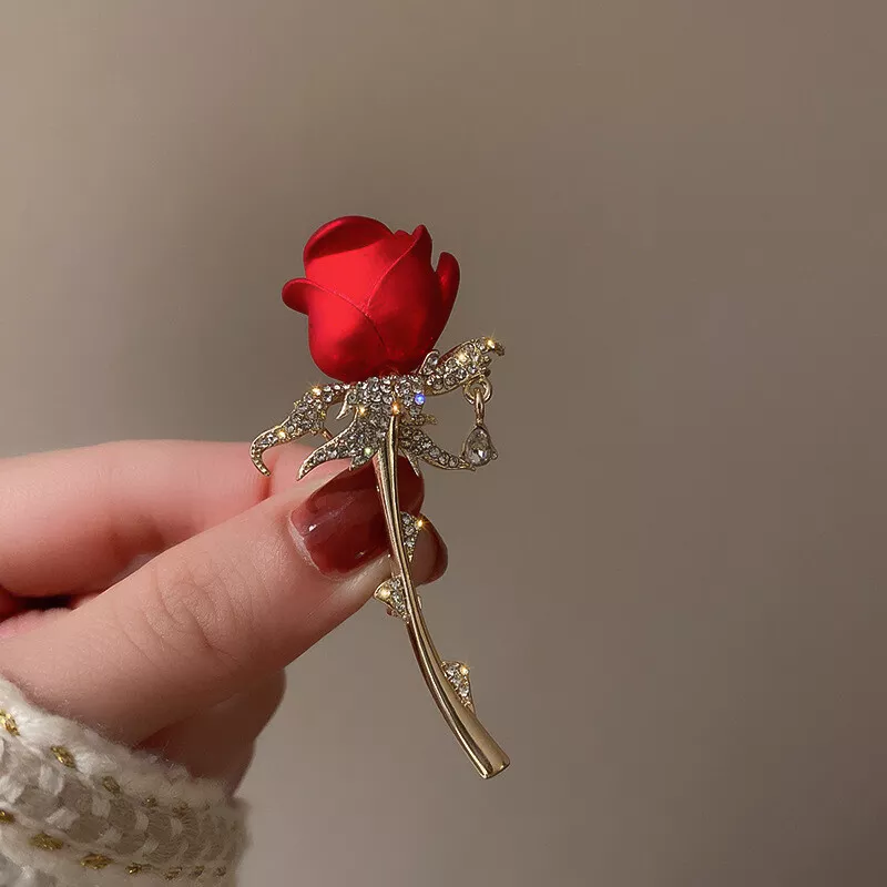 Fashion Women 3D Red Rose Flower Brooch Pin Charm Lady Costume