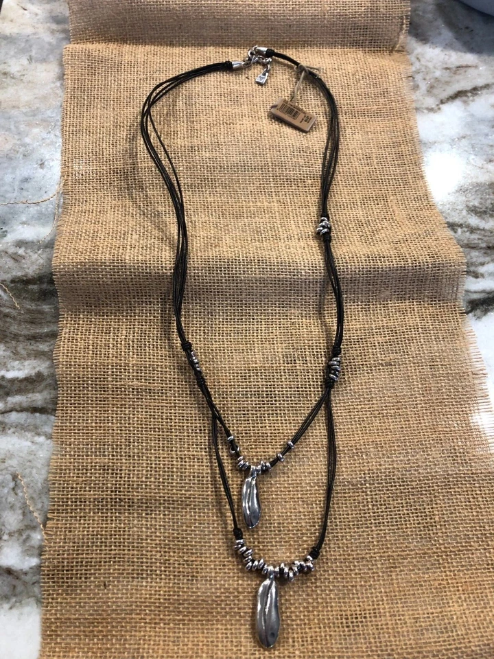 Uno de50 Necklace COL1181MARMTLOU Silver Leather Strand Layered Necklace NEW