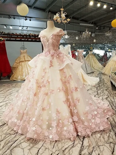 Elegante Rosa Brautkleider 3D Applikation A-Linie Schulterfrei Braut Prinzessin - Bild 3 von 12